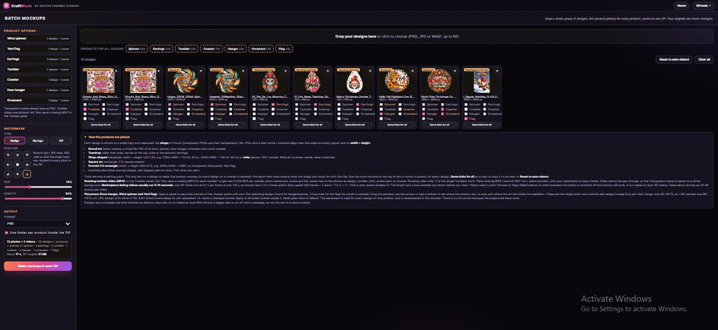 Actual CraftMock batch interface with ten designs assigned to multiple product categories