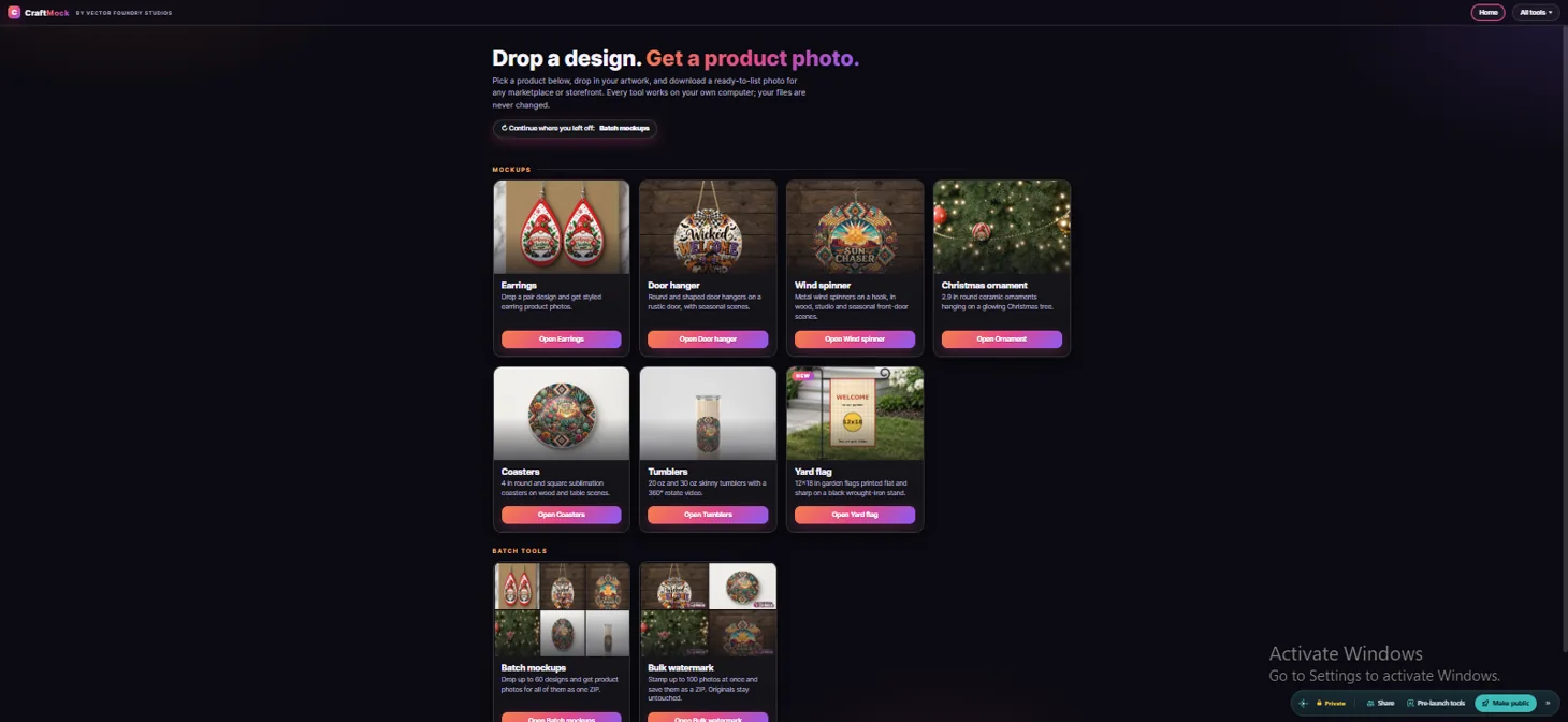 Actual CraftMock dashboard showing its range of mockup tools