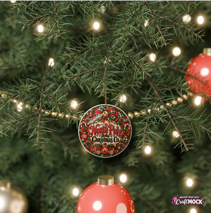 Christmas ornament displayed among tree lights