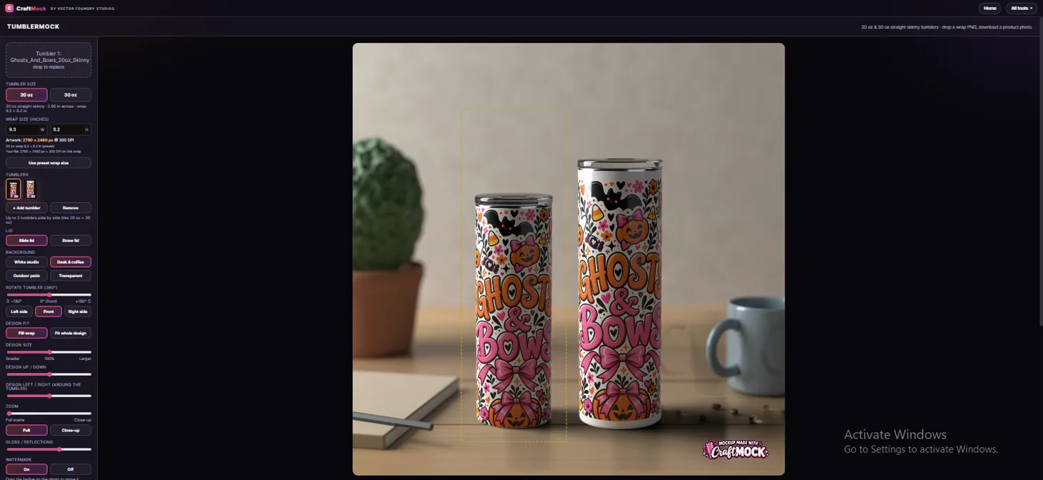 CraftMock tumbler editor showing two tumblers and editable controls