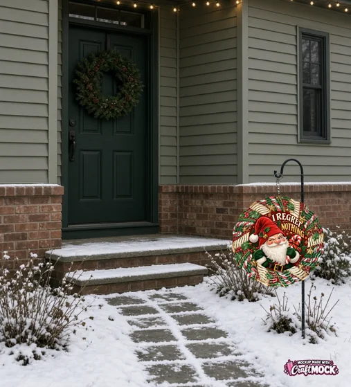 Colorful Christmas wind spinner displayed on a shepherd's hook outside a home, generated with CraftMock
