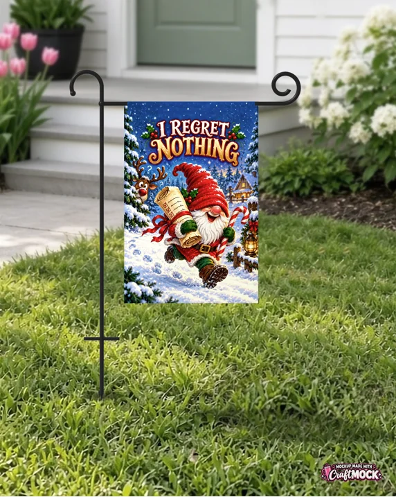 Christmas garden flag mounted on a garden stand outside a home