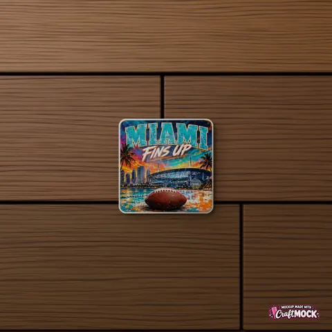 Square wood coaster with Miami Fins Up artwork