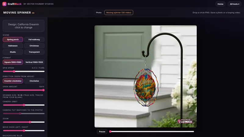 Actual CraftMock Moving Spinner (3D) editor with scene, spin speed and camera controls